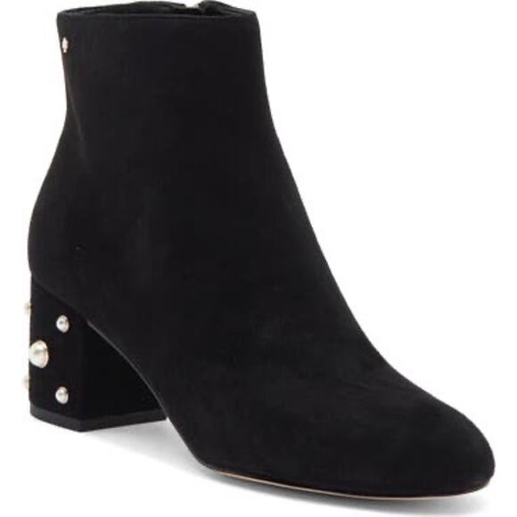 Kate Spade Taraji Faux Pearl Suede Block Heel Booties Black 9 Women Ankle Boots - Picture 4 of 12